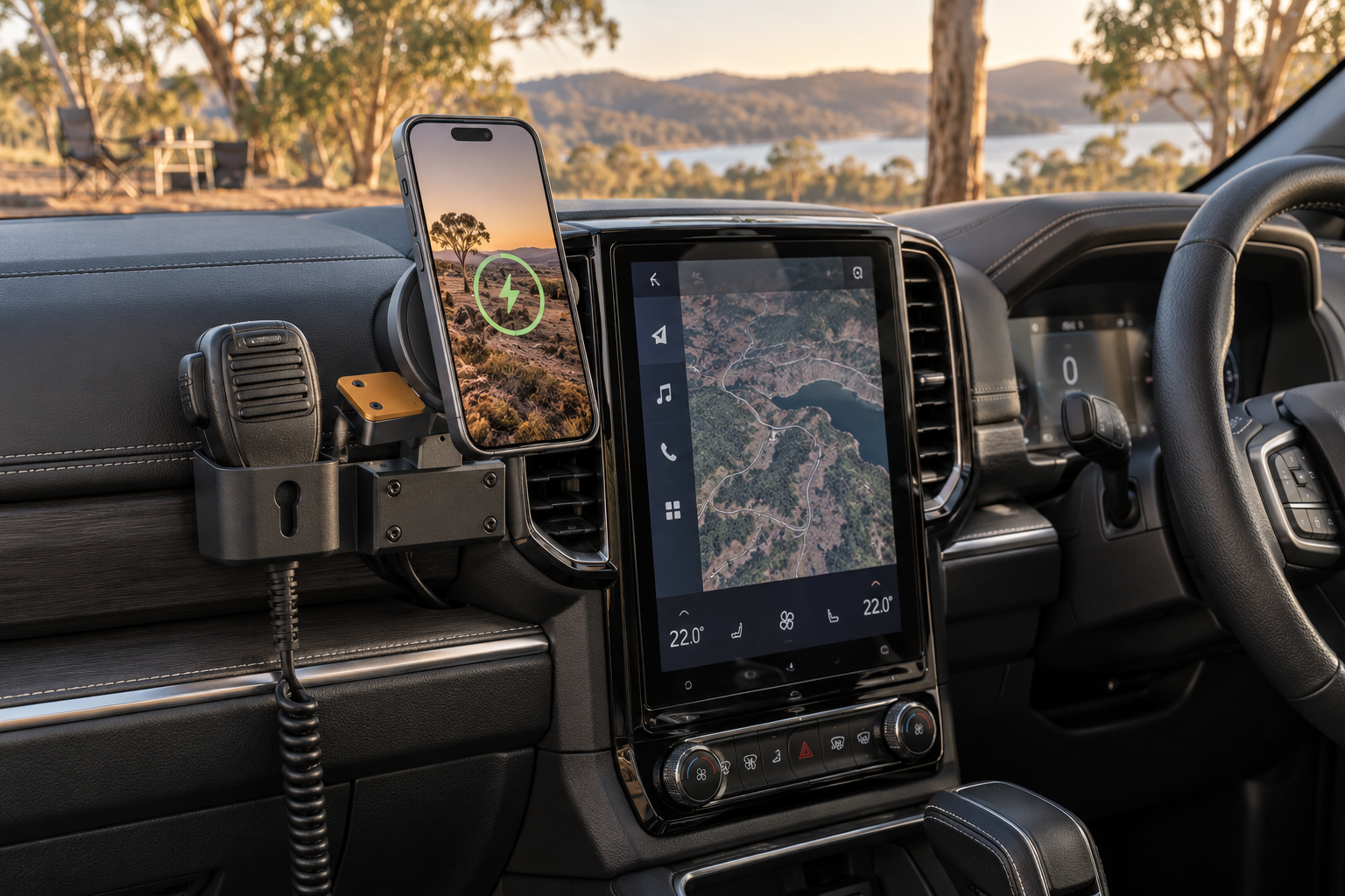 Illustrative CabinDock phone and UHF setup in a parked SUV overlooking a bush campsite