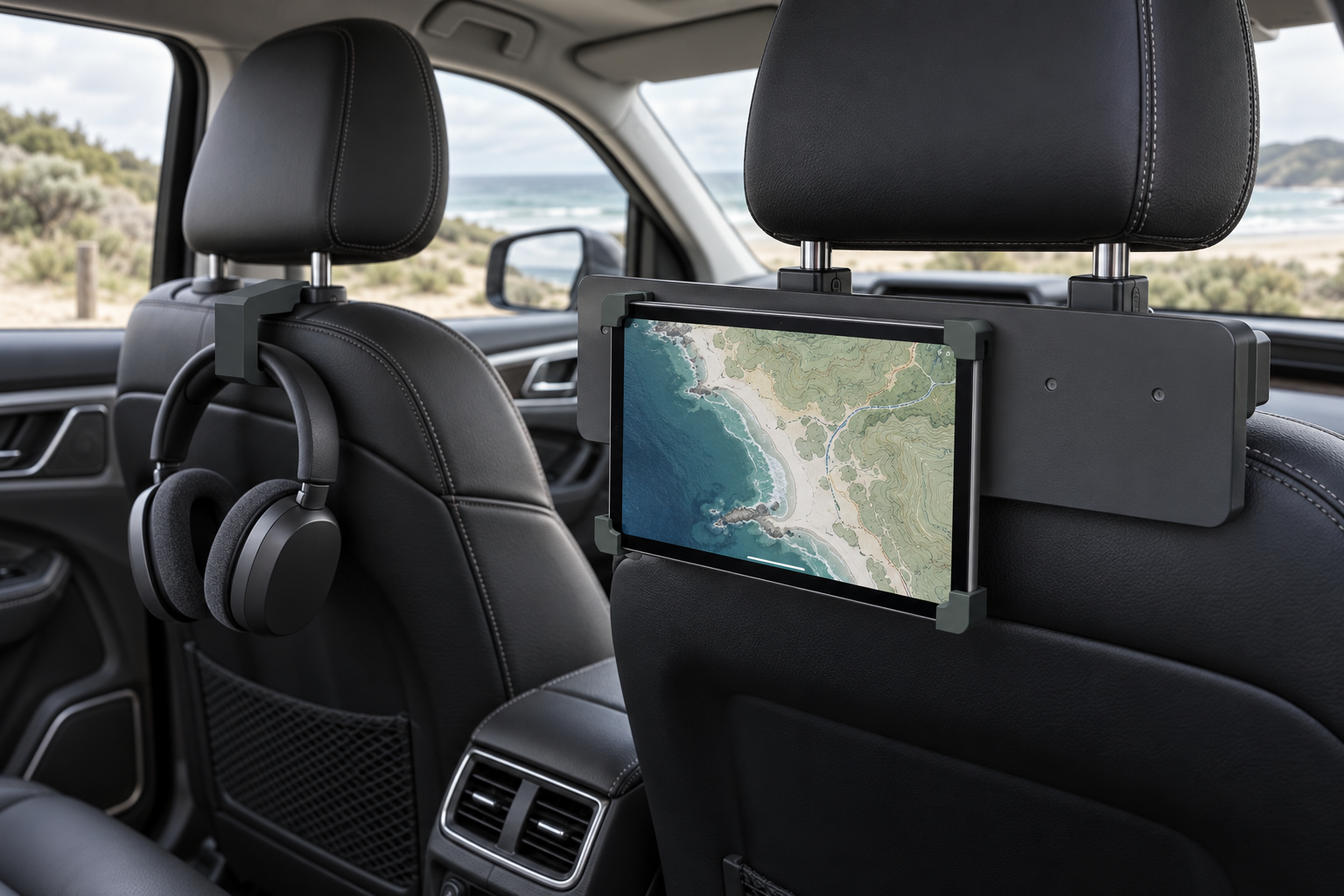 Illustrative RearDock tablet and headphone setup in a parked SUV by the coast